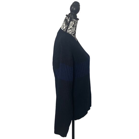 NOBA 1950 V-Neck Knit Sweater Horizontal Stripes Blue Black Italy - Size Large - Picture 7 of 9